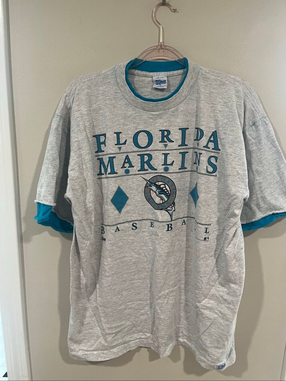 Vintage Florida Marlins Baseball Double Tshit Teal Lined xl Gray Salem sportswea